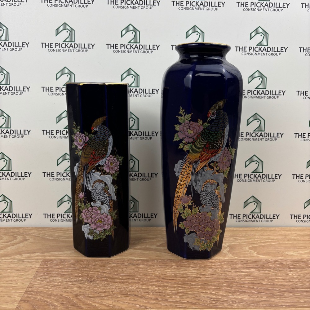 Vintage Japanese Cobalt Blue Porcelain Vase Set Gold Pheasant Peony 10" 12"
